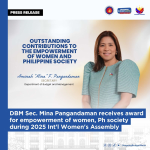 DBM Sec. Mina Pangandaman receives award for outstanding contribution for women empowerment during 2025 Int'l Women's Assembly