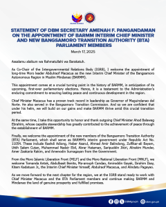 Statement of DBM Secretary Amenah F. Pangandaman on the appointment of BARMM Interim Chief Minister and new Bangsamoro Transition Authority (BTA) Parliament members